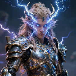 masterpiece portrait of 5 0 year old slavic thunder god perun, lightning eyes, wearing a biomechanical armor, hyper realistic face, volumetric lighting, fantasy art, epic, in the style of burne hogarth, greg rutkowski, donato giancola, tom bagshaw, killian eng, intricate, hyper detailed, smooth, vibrant electric lightning aura