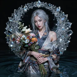 portrait of a beautiful woman wearing a yukata, holding a bouquet of flowing flowers, drenched body, silver hair, wet dripping hair, emerging from the water, dark fantasy, regal, fractal crystal, fractal gems, by ross tran, stanley artgerm lau, thomas kindkade, alphonse mucha, loish, norman rockwell