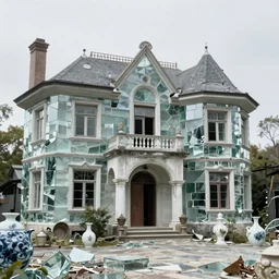 “photorealistic old abandoned mansion made of broken glass and ceramics, found objects, flickr commons spotlight, colorful nostalgia”