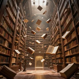 ancient library interior holding the secrets of mankind, floating books in the air, magical atmosphere