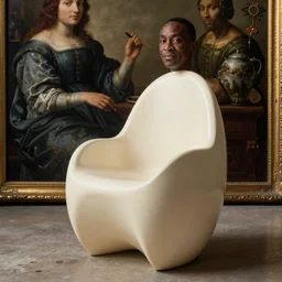 danny devito gifting you a modern 6 0 s style designed chair, eggshell color, renaissance still life painting, masterpiece, realistic light and shadow, trending on artstation, highly detailed, photorealism