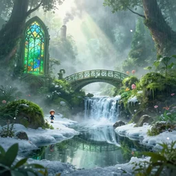 mars landscape, ornate, beautiful, atmosphere, vibe, mist, smoke, chimney, rain, reflection, pristine, puddles, waterfall, melting, dripping, snow, creek, lush, ice, bridge, green, stained glass, forest, flowers, concept art illustration, color page, 4 k, tone mapping, doll, akihiko yoshida, james jean, volumetric lighting, sunbeams, particles, trending on artstation