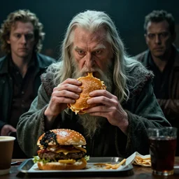 gandalf eating a big mac, greg rutkowski, esuthio, craig mullins, cinematic lighting, gloomy