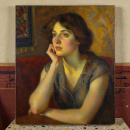 portrait in femininity, thoughtful face, warm glow, cozy room bathed in light, captured memory, recollection, impressionism, woven textiles, stucco wall, radiosity, pj crook, terrazzo, michael garmash, alphonse mucha, livia prima, nick alm, casey baugh, deep color, oil on canvas