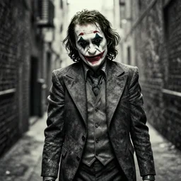 the joker, in a dark alley, in charcoal and comics