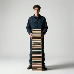 young librarian with book stack, cinematic studio photo, full body, standing, isolated on a pure white background, centered, whole figure in frame, sharp focus, studio lighting