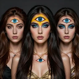 three eyed goddesses, third eye middle of forehead, wide wide shot, very hairy bodies, vivid colors, eye in forehead, beautiful lighting, detailed photograph