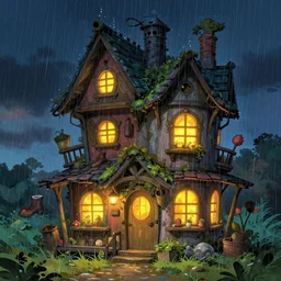 fairy house, old shoe, house lights, rain, glowing lights, epic fantasy, colorfully, digital art, highly saturated colors, concept art, detailed illustration, hd, 4 k, digital art, greg rutkowski, dan mumford, studio ghibli trending on artstation