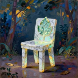 luminescent greek marble chair with leaf. colorful painting by karl blossfeldt, agnes pelton