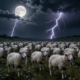 a fantasy flock of sheep, night scene, darkness, rain clouds, multiple lightning strikes, full moon, ominous, ornate, dynamic, rich color, intricate, highly detailed, vogue, harper's bazaar art, fashion magazine, smooth, sharp focus, 8 k octane render