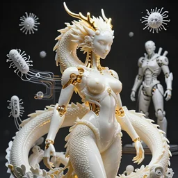 hyper detailed ultra sharp portrait of a beautiful well contoured porcelain ivory smooth fair cyborg sea dragon, sharp focus, global illumination, radiant light, biomechanical golden rhizomorphs, cyberpunk brackets, laser cut paper microbes, alexandre ferra white mecha, irakli nadar, alexander mcqueen, octane highly render, 4 k, ultra hd