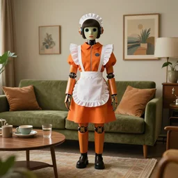 robot maid in a mid century modern living room, burnt orange, olive green, earth tones, retro future, marcelline stoyke, eric joyner