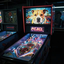 pitbull playing a pitbull themed pinball machine in 1 9 8 5, y 2 k cybercore, industrial low - light photography, still from a kiyoshi kurosawa movie