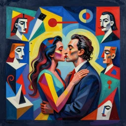 A surreal neon painting of Zaha hadid 3d kandinsky kissing couple made of cubism futuristic picasso sculptures in 3 point perspective by Joan miro and Vladimir kush and dali and kandinsky, 3d, realistic shading, complimentary colors, vivid neon colors, aesthetically pleasing composition, masterpiece, 4k, 8k, ultra realistic, super realistic,