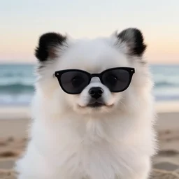 a closeup photorealistic photograph of a stylish panda themed Pomeranian puppy wearing cat-eye sunglasses at the beach during sunset. Ocean in the background. This 4K HD image is Trending on Artstation, featured on Behance, well-rendered, extra crisp, features intricate detail and the style of Unreal Engine.