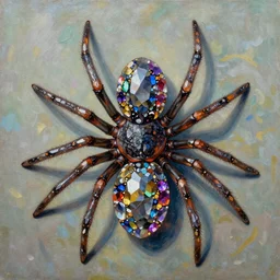 a painting of symetrical spider seen from above, made of multicolored crystals, fantasy art, realistic