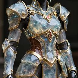 hyper realistic photography of a translucent glorious obsidian metal armor, futuristic design, cyberpunk style, wood and gold details, intricate, extremely detailed, ornate, deep of field, nikon photography