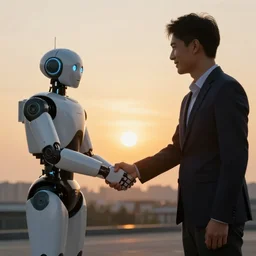a photo of a man shaking hands with a robot at sunset