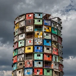 close - up view of a circular tower made up of colourful makeshift squatter shacks, bleached colours, moody cloudy sky, dystopia, mamiya, very detailed, photographed by cristina de middel