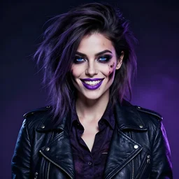 epic professional digital airbrushed portrait art of a fit, extremely attractive mid-20s Latina supermodel emo female zombie, smiling, perfectly symmetrical face, wearing a shirt under a leather jacket, with deep blue eyes, slightly open mouth, violet lipstick, walking dead, best on artstation, cgsociety, wlop, Behance, pixiv, cosmic, epic, stunning, gorgeous, glamour lighting,masterpiece by Dorian Cleavanger and Stanley Lau
