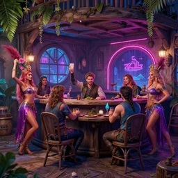 medieval era tavern with exotic dancers, vaporwave aesthetics, 8 k uhd, unreal engine, octane render in the artstyle of finnian macmanus, john park and greg rutkowski