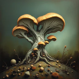 abstract fungus growing out of my head, dull colors, highly detailed surrealist painting, by michael divine by yvonne mcgillivray by michael divine by mandy jurgens by michael divine, moody color palette, very very very beautiful,