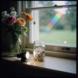 kodak portra 4 0 0, wetplate, flashlight, still life portrait by britt marling of a single jar filled with sparkling jewels, near a sunlit window in a room, bright sunlight, flower vase, colourful godrays shinging through the window, a english park outside, muted colours, no people