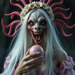by wesley burt and basil gogos, visually stunning, cinematic, ultra realistic, hyper realism, 1 2 k, epic, octane render, unreal engine, vfx, maya, malefic woman with long white hair holding a pink object : baseborn, exocrine strange looking creature with its mouth open : headdress with daisies