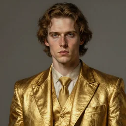 Sam Hyde in gold suit, sigma male, accurately portrayed, portrait art by Hieronymus Bosch, highly detailed, digital painting, concept art, illustration, horror element, very detailed, smooth, sharp focus, octane render, close up