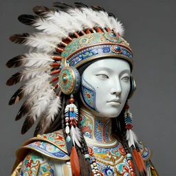 portrait of a cyberpunk machine, machine face, upper half portrait, decorated with feathers, native american, fine china, traditional chinese art, intricate, elegant, highly detailed, headpiece, digital painting, artstation, concept art, smooth, sharp focus, illustration, art by artgerm and greg rutkowski and alphonse mucha, 8 k