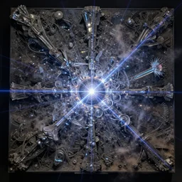 sigil panel, photorealistic, technical, royo, frazetta, giger, leds, dust, laser light, crystalline shimmers, chaos, complexity, emergence,