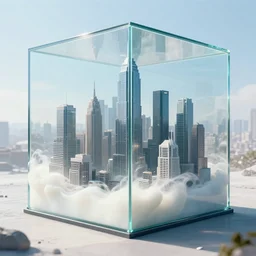 a huge glass cube with a cyberpunk city hidden inside, sea of milk, photo realism, sunny day f / 1. 9 6. 8 1 mm iso 4 0