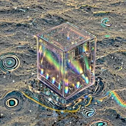 a translucent box with strobe lights inside floating in the middle of an ocean, clear sunrise in the background with stars and an aurora