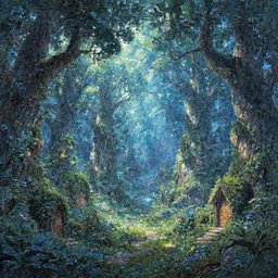 Overgrown elf village inside a magical oak forest. High detailed oak branches full of small doors and windows. Rays of sunshine coming from above. Volumetric Lighting, Mystical, Hyperrealistic, Highly Detailed. Dramatic Lighting, sapphire color palette, Magical, Beautiful by Makoto Shinkai, Breath of the Wild, Gouache Matte Painting