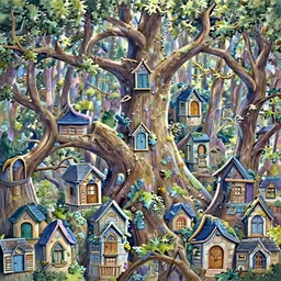 Overgrown elf village inside a magical oak forest. High detailed oak branches full of small doors and windows. Rays of sunshine coming from above. Volumetric Lighting, Mystical, Hyperrealistic, Highly Detailed. Dramatic Lighting, sapphire color palette, Magical, Beautiful by Makoto Shinkai, Breath of the Wild, Gouache Matte Painting