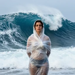 a woman wearing wrapped in plastic, standing in front of a giant tsunami wave, color photograph, by john singer sargent, canon eos c 3 0 0, ƒ 1. 8, 3 5 mm, 8 k, medium - format print