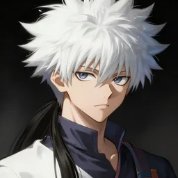 portrait of killua hunter hunter, male, thin pursed lips, sharp jaw white hair soft hair swept back dark medium length hair, anime, fantasy, intricate, elegant, highly detailed, digital painting, artstation sharp focus, hunterpedia madonna art by artgerm and ruan jia and ross tran