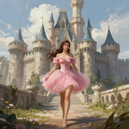 concept art, illustration, fantasy, brunette fairy woman, highly detailed, sharp focus, wearing pink romantic tutu, walking in a castle, d & d, digital painting, art by artgerm and greg rutkowski and magali villeneuve, trending on artstation