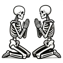 two praying skeletons kneeling facing each other, 2 d, vector, flat art, black and white