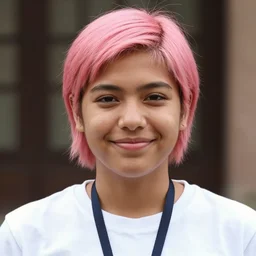 photograph of a mexican aztec, slightly oval round face, short pink stylish hair, wide set downturned eyes, young adult woman smiling wearing a white t - shirt and a lanyard, thin lips, straight hair, nice olive skin, slightly medium width greek nose taken by steve mccurry