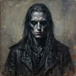 a dirty grunge painting with dark and muted colors by the personification of marc sheppard as crowley. airbrush art, complex massive detail, lsd.