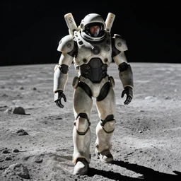 A man inside of a mech suit walking on the moon. The mech suit Is made out of black ivory. Photorealistic