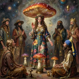 hippies gathered around the sacred psychedelic mushroom, anthropomorphic hippie that is wearing floral maxi dresses, oil painting, by johannes vermeer, dnd, character reveal, cosmic, magical, fog, noble, full body portrait, intricate, ornate, extremely detailed, cult, ritual, 4 k, 8 k