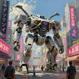 market in japan, cyberpunk style, big mecha drone on first plan, bright neon signs, sunny weather, tim hildebrandt, wayne barlowe, bruce pennington, donato giancola, larry elmore, oil on canvas, masterpiece, trending on artstation, featured on pixiv, cinematic composition, hyper - detailed, hd, hdr, 4 k, 8 k