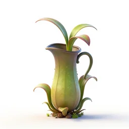 tiny pitcher plant, stylized pixar-style 3d render, full body, isolated on a pure white background, centered, entire subject in frame, sharp focus, soft studio lighting