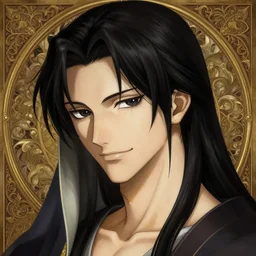 portrait of gon freecs!! hunter hunter!! male!! sharp jaw black irises narrow sultry eyes black hair soft hair swept back smirk dark medium length hair, anime, fantasy, intricate, elegant, highly detailed, digital painting, artstation, concept art, matte, sharp focus, illustration, art by artgerm wlop greg rutkowski and alphonse mucha, madonna