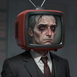 a man in a suit, tv head, detailed, highly detailed, concept art, artstation, comic aesthetic, creepy aesthetic, toon shading, cel shading,
