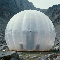 a strange huge translucent pvc inflated organic architecture building by anish kapoor sits in the rock mountains, film still from the movie directed by denis villeneuve with art direction by zdzisław beksinski, close up, telephoto lens, shallow depth of field