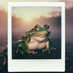 animal frog. oversized, in legnica, full body, cinematic focus, polaroid photo, vintage, backlighting sunset, foggy, by oleg oprisco, by thomas peschak, by discovery channel, by victor enrich, by gregory crewdson