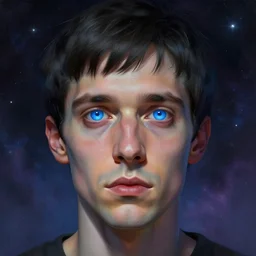 surreal portrait of a man by Greg Rutkowski, symmetrical face, he is about 30 years old, short black hair with bangs, his features are a mix between French, Turkish and Russian, transformed into a kind of biomechanical transhuman god, blue glowing eyes, expression of epiphany and determination, cosmic void background, frightening, fascinating, highly detailed portrait, digital painting, book cover, artstation, concept art, smooth, sharp foccus ilustration, Artstation HQ